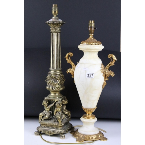 327 - Two table lamp bases in the classical form together with a gilt wall bracket shelf.