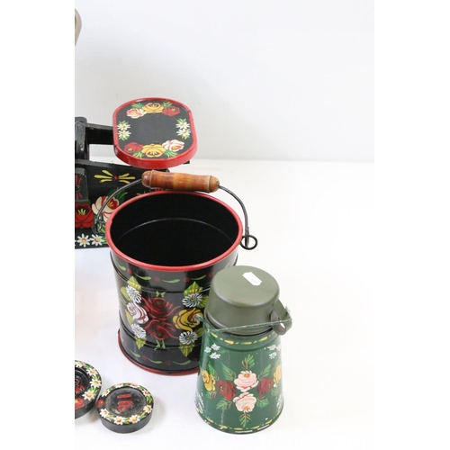 329 - A group of hand decorated barge ware items to include kitchen scales, churn, bucket and hazard lamp ... 