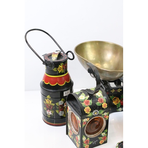 329 - A group of hand decorated barge ware items to include kitchen scales, churn, bucket and hazard lamp ... 