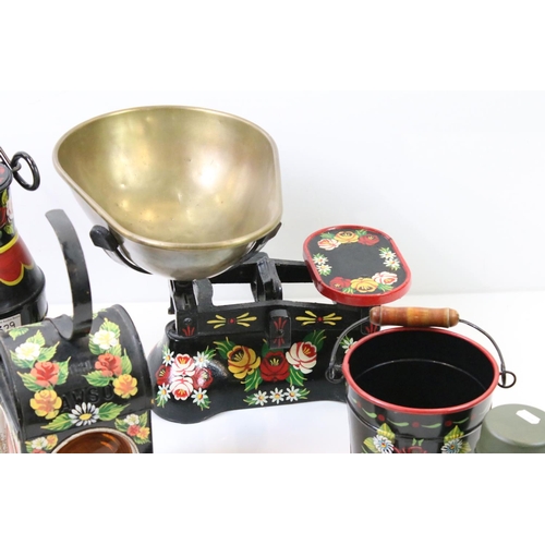 329 - A group of hand decorated barge ware items to include kitchen scales, churn, bucket and hazard lamp ... 