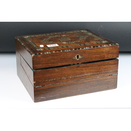 332 - An victorian wooden writing slope with inlayed decoration to the lid together with two contemporary ... 