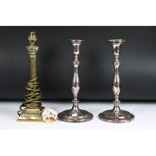 334 - Art Deco spelter golf trophy lacking club, a Corinthian column candlestick & a pair of silver plated... 