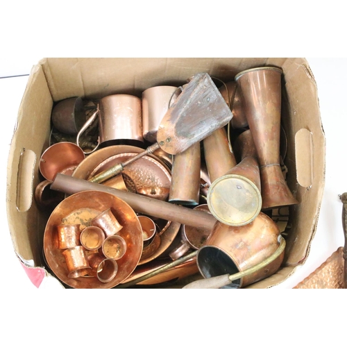 335 - A collection of mixed copper ware to include jugs, pans, dishes ...etc. together with a pewter teapo... 