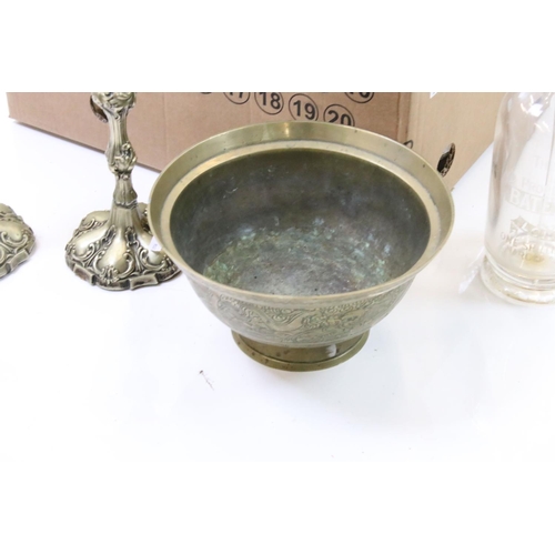 336 - A box of mixed collectables to include silver plated vases, brass candlesticks, soda siphon, mirror.... 