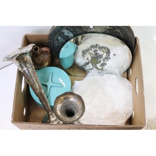 336 - A box of mixed collectables to include silver plated vases, brass candlesticks, soda siphon, mirror.... 