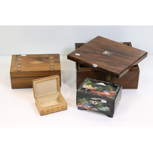 348 - A small collection of vintage boxes to include a wooden cutlery box with contents, lacquer ware musi... 