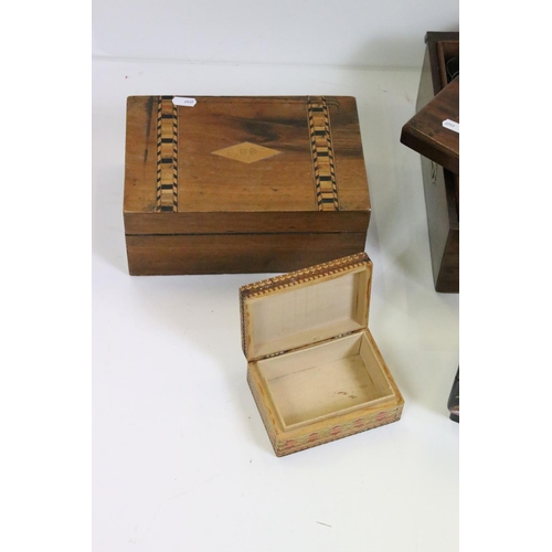 348 - A small collection of vintage boxes to include a wooden cutlery box with contents, lacquer ware musi... 