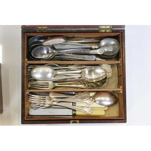 348 - A small collection of vintage boxes to include a wooden cutlery box with contents, lacquer ware musi... 