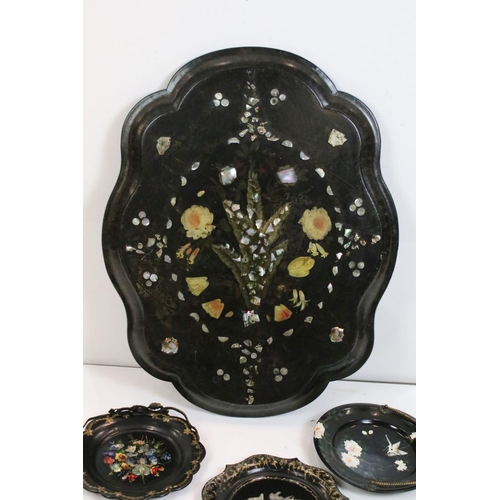 352A - Collection of mainly 19th century Black Lacquered Papier Mache items including Shaped Hanging Panel ... 