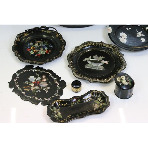 352A - Collection of mainly 19th century Black Lacquered Papier Mache items including Shaped Hanging Panel ... 