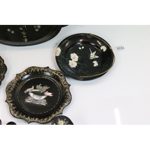 352A - Collection of mainly 19th century Black Lacquered Papier Mache items including Shaped Hanging Panel ... 