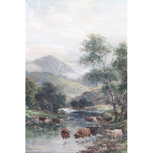 447 - Andrew Lennox (19th / 20th century) Oil on Canvas Scottish Landscape with Highland Cattle in a River... 