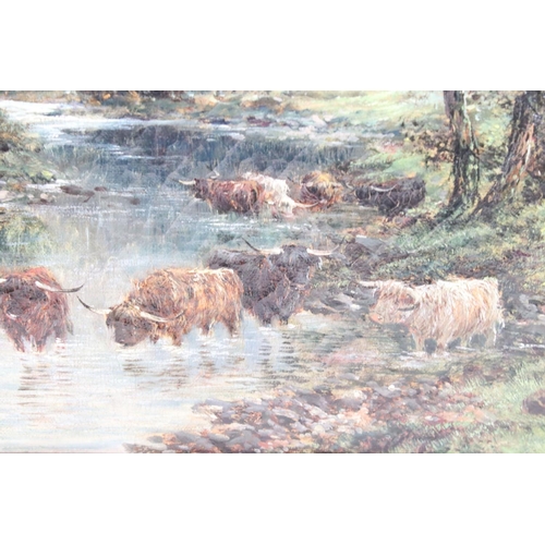 447 - Andrew Lennox (19th / 20th century) Oil on Canvas Scottish Landscape with Highland Cattle in a River... 