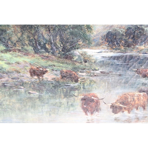 447 - Andrew Lennox (19th / 20th century) Oil on Canvas Scottish Landscape with Highland Cattle in a River... 