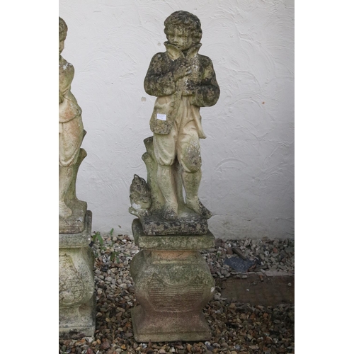 527 - Pair of Reconstituted Stone Statues of Summer and Autumn, on plinths, 117cm high