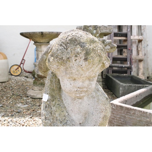 537 - Reconstituted stone Garden figure of Putti holding Fish, 73cm high