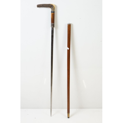 275A - An antique sword stick with white metal collars and antler handle, the blade maker marked for E. Thu... 