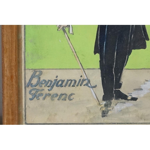 467 - Early 20th century watercolour depicting London cabaret artist Benjamin Ferenc, together with a stat... 