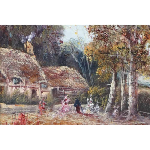 471 - Oil Painting under Glass of a Figure entering a Cottage within a Landscape, 32cm x 47cm together wit... 