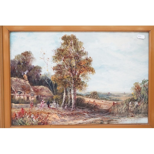 471 - Oil Painting under Glass of a Figure entering a Cottage within a Landscape, 32cm x 47cm together wit... 