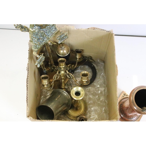 344 - A box of mixed metalware to include copper kettle, brass companion set, pewter tankard ..etc.