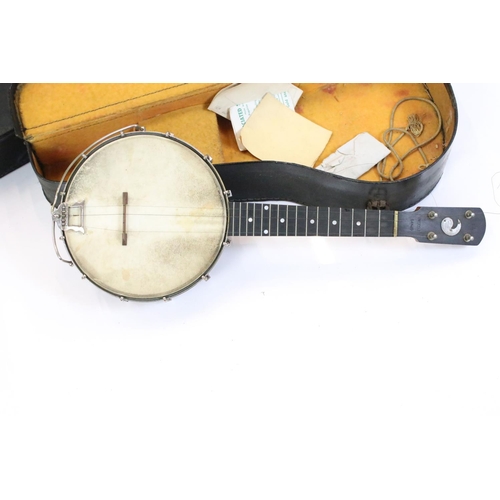 406 - Cased ' The Whirle ' Ukulele Banjo ', 55cm long together with Five String Banjo, case a/f