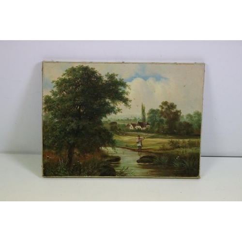 450 - 19th century oil on canvas of an extensive country landscape, with man fishing on riverbank, signed ... 