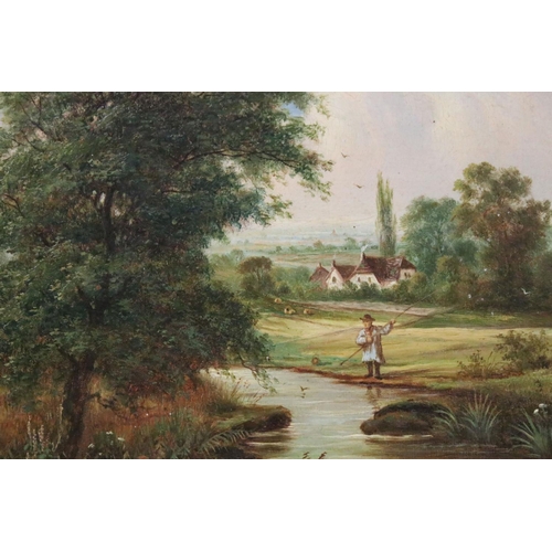 450 - 19th century oil on canvas of an extensive country landscape, with man fishing on riverbank, signed ... 