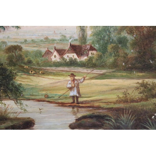 450 - 19th century oil on canvas of an extensive country landscape, with man fishing on riverbank, signed ... 