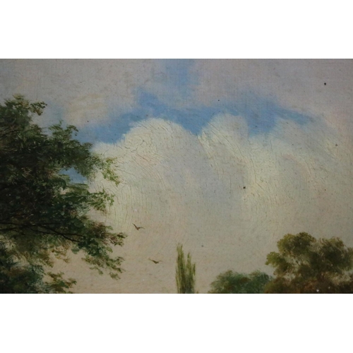 450 - 19th century oil on canvas of an extensive country landscape, with man fishing on riverbank, signed ... 