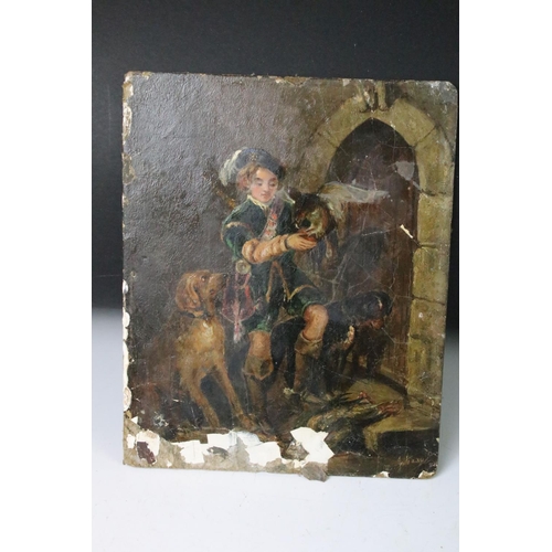 455 - Oil on panel, an antique portrait of a medieval falconer with hound, unframed