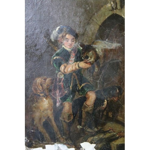 455 - Oil on panel, an antique portrait of a medieval falconer with hound, unframed