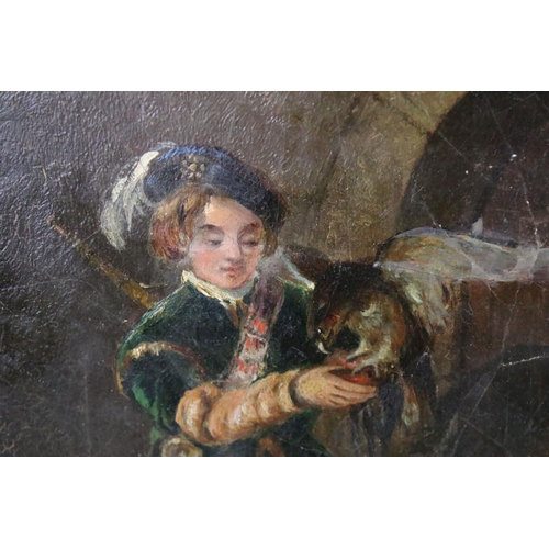 455 - Oil on panel, an antique portrait of a medieval falconer with hound, unframed