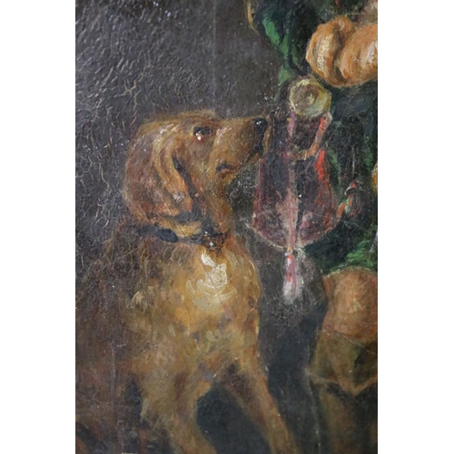 455 - Oil on panel, an antique portrait of a medieval falconer with hound, unframed