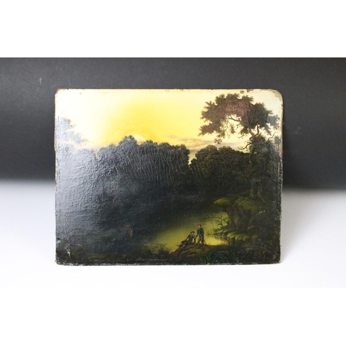 456 - After Patrick Nasmyth, Oil on Panel Landscape with anglers in the foreground, label to verso, 24cms ... 