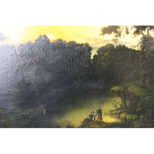 456 - After Patrick Nasmyth, Oil on Panel Landscape with anglers in the foreground, label to verso, 24cms ... 