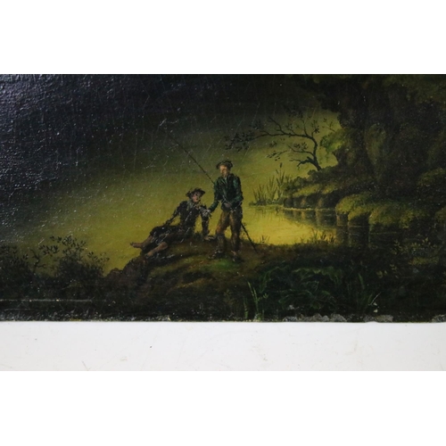 456 - After Patrick Nasmyth, Oil on Panel Landscape with anglers in the foreground, label to verso, 24cms ... 