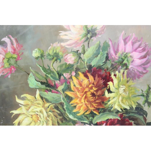 448 - N M Lay, a gilt framed oil on board, still life of dahlias in a ceramic vase, 50cm x 40cm