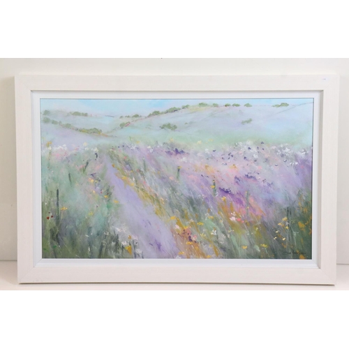 449 - Sue Fenlen, Large Oil on Board, Impressionist Landscape with Flowers in Fields along a Country Lane,... 