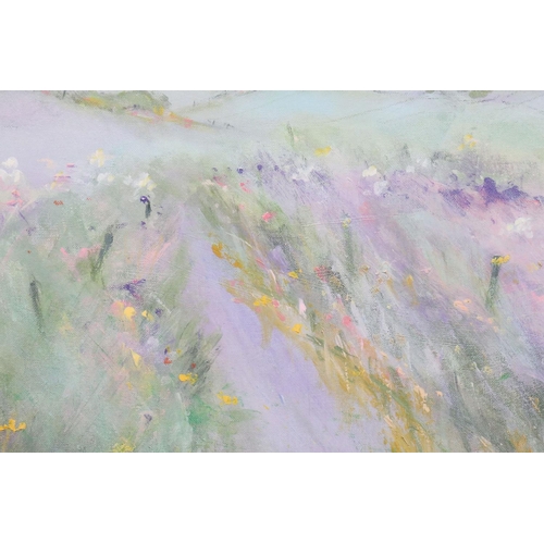 449 - Sue Fenlen, Large Oil on Board, Impressionist Landscape with Flowers in Fields along a Country Lane,... 