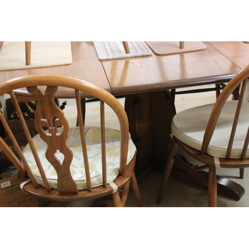 607 - Set of Six Ercol Elm and Beach Dining Chairs with Fleur de Lys Hoop Backs and seat pads together wit... 