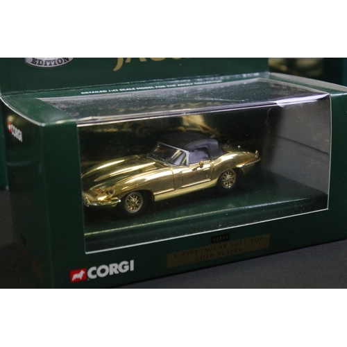 1246 - Five boxed / cased Corgi gold plated ltd edn diecast models to include 4 x 02802 E-Type Jaguar Soft ... 