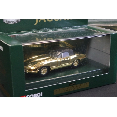 1246 - Five boxed / cased Corgi gold plated ltd edn diecast models to include 4 x 02802 E-Type Jaguar Soft ... 