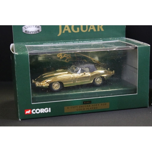 1246 - Five boxed / cased Corgi gold plated ltd edn diecast models to include 4 x 02802 E-Type Jaguar Soft ... 