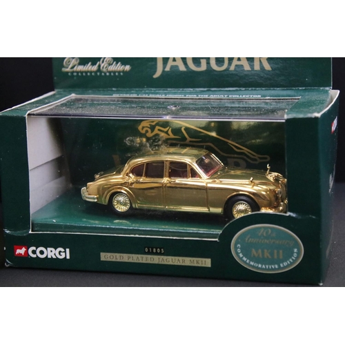 1246 - Five boxed / cased Corgi gold plated ltd edn diecast models to include 4 x 02802 E-Type Jaguar Soft ... 