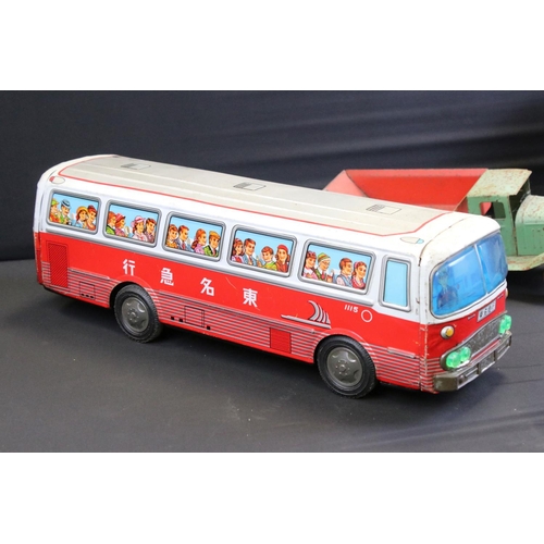 1259 - Two vintage tin plate models to include Chinese battery operated bus and Ichiko Japan coach plus 5 x... 