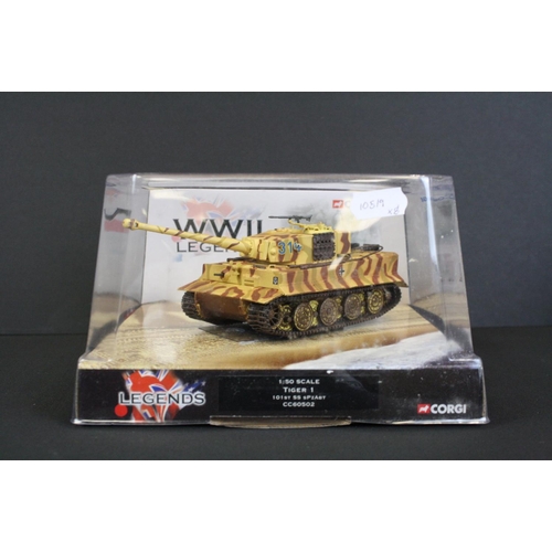 1062 - Eight Cased Corgi WWII Legends ' D-Day Landings ' 1:50 scale diecast model tanks, mostly in outer ca... 