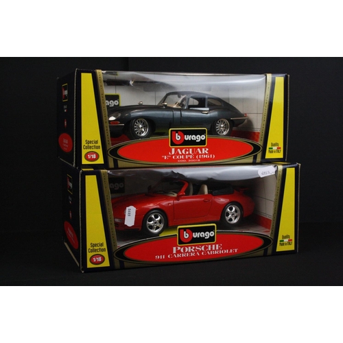 1127 - Seven Boxed Burago 1/18 scale diecast models to include 30018 Jaguar E Coupe (1961), 3009 Mercedes B... 