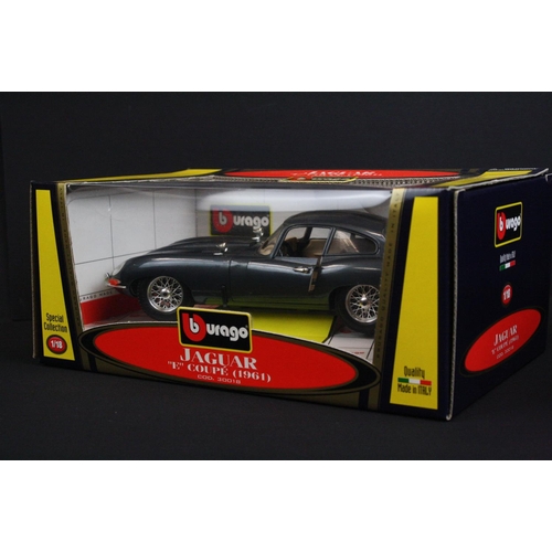 1127 - Seven Boxed Burago 1/18 scale diecast models to include 30018 Jaguar E Coupe (1961), 3009 Mercedes B... 