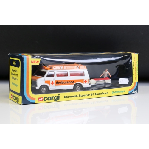 1002 - Four boxed Corgi emergency service diecast model sets to include 405 Chevrolet Superior 61 Ambulance... 